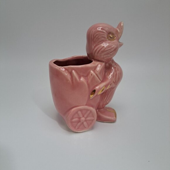 40s-50s American Pottery Pink Duck Wagon Planter Gold Gilt Ceramic BB Stamp - Picture 3 of 13